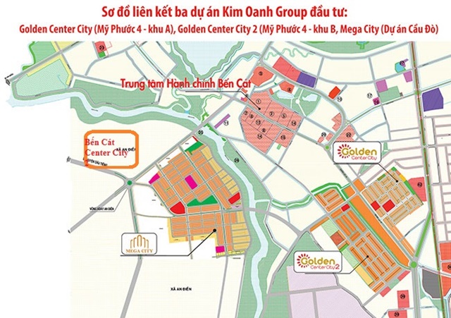 Sơ đồ liên kết chuỗi dự án Golden Center City - Gokden Center City 2 - Mega City - Bến Cát Cenetr City 2 - LH: 0944.101.441